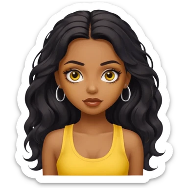a pretty bratz dusky girl with long wavy black hair, kajal under eyes, yellow tank top sticker