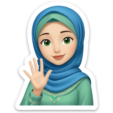Turkish beautiful finish Konya girl blue hijab and green heart dress and wink her hand goodbye  sticker