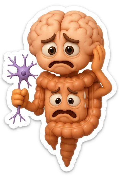 EMOJI STILE IPHONE DI UN INTESTINO collegato verticalmente ad un cervello mentre tiene in mano un neurone, espressione stressata, IPERREALISTICO 4K sticker