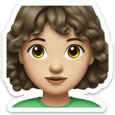 realistic portrait of girl with curtain bangs and wavy dark brown hair with green eyes and fair skin and a round face with soft features sticker