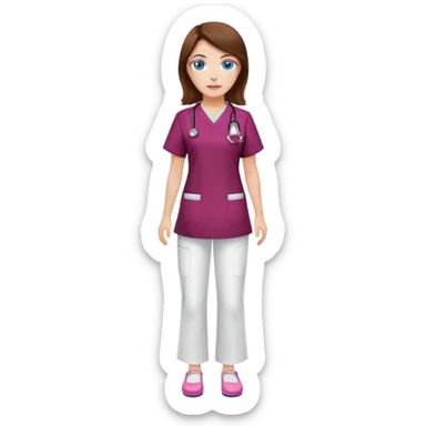Nurse with brown hair and blue eyes, burgundy tunic, white pants, pink shoes sticker