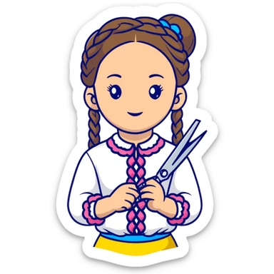 Ukrainian young girl with braided hair wearing a white embroidered traditional shirt (vyshyvanka) holding scissors and colorful craft paper sticker