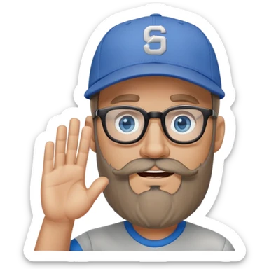 A bold man with a grey baseball cap, blue eyes, big beard and glasses, waving  sticker