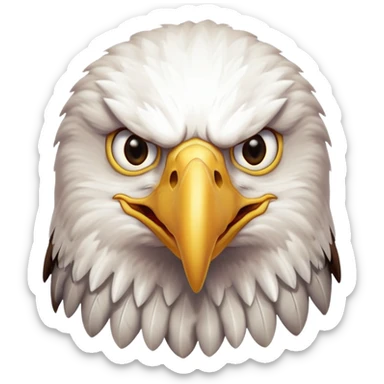 bald eagle with open beak from front view, white head, yellow beak sticker