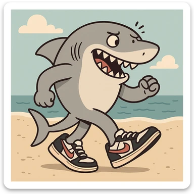 cartoon style shark with Nike sneakers walking on the sand sticker