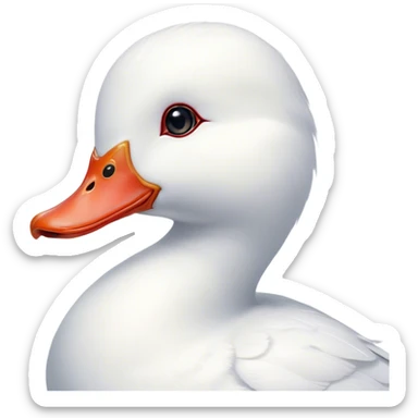 Cinematic Cute White Duck Portrait Emoji, Head tilted playfully and inquisitively, featuring a glossy, immaculate white plumage with a charming red bill, round, sparkling eyes filled with curiosity, Simplified yet irresistibly adorable features, highly detailed, glowing with a warm, friendly glow, high shine, affectionate and lively, stylized with a touch of whimsical charm, bright and endearing, soft glowing outline, capturing the essence of a mischievous yet loving duck, so playful it feels like it could waddle out of the screen and into your arms! sticker