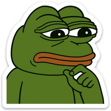 Pepe the Frog with a thinking expression, meme style, remove background, keep transparent background. sticker