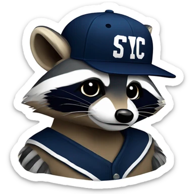 Raccoon with a navy blue baseball hat with the letters SYC on it  sticker