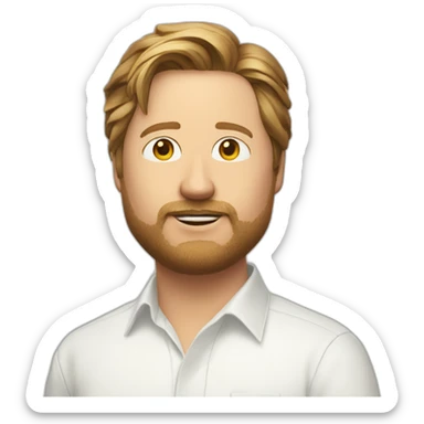 tim heidecker witha beard, white unbuttoned shirt over another white shirt sticker