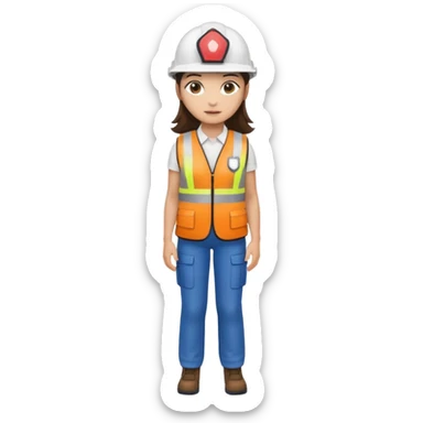 Brunette brown Girl full body standing with her white security helmet and security vest on sticker