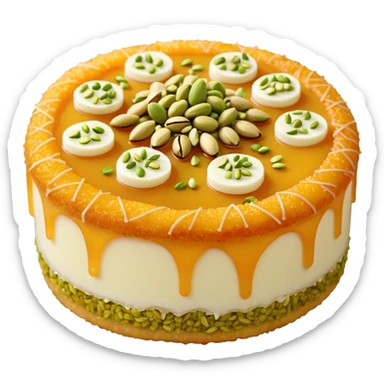 A small round emoji of traditional kanafeh with golden-orange crispy threads, a gooey white cheese center, and a light sprinkle of green pistachios. Warm and delicious-looking. sticker