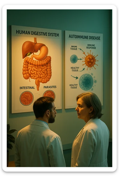 Realistic, detailed photo taken from behind of two doctors—a bearded man and a middle-aged woman—standing side by side in a modern medical office, intently studying a large, illuminated medical chart on the wall. The chart displays a detailed diagram of the human digestive system, highlighting the intestines and showing microscopic images of intestinal parasites. Next to it, another chart illustrates the immune system attacking healthy tissues, visually connecting gut parasites to autoimmune disease mechanisms. The room is bathed in a single green-blue color, with a warm, yellow-orange light casting soft shadows around the doctors. Both wear white coats and have serious, focused expressions, suggesting a deep discussion about the root causes of autoimmune conditions. Shot with a Canon EOS R5, with high detail, natural depth of field, and a clinical yet dramatic atmosphere. sticker