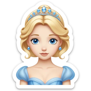 Cinematic Realistic Cute Cinderella Portrait, featuring fair, luminous skin with finely detailed texture and softly lit golden-blonde hair cascading in gentle waves. Her warm, inviting blue eyes sparkle with youthful charm and curiosity, while her classic, elegantly draped ball gown reveals meticulously rendered fabric details and natural folds. The overall composition is bathed in a gentle, realistic radiance that exudes both playfulness and heartfelt beauty. sticker
