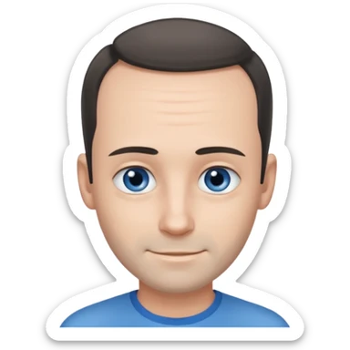 Man with black-greyish receding hairline, some hair on top, small blue eyes, clear face, shy smile sticker