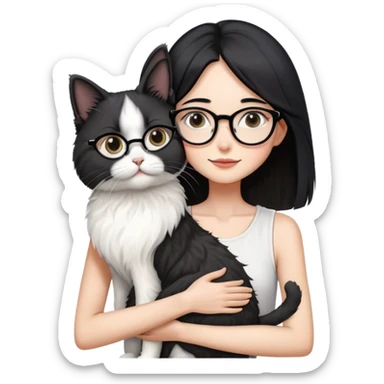Skinny woman with oval glasses, shoulder length straight black hair, wearing white sleeveless top, hugging a Persian-Angora cat that's gray and white like Oreo cookies, plain background sticker