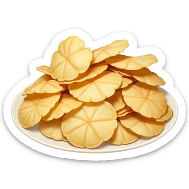 a pile of white prawn crackers shaped like potato chips, airy and puffy, realistic and true to life, emoji style, no faces or expressions sticker