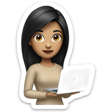 memoji of a female with a modern apple laptop in front, black hair, beige skin, black sweater, computer in hand --ar1:1 sticker