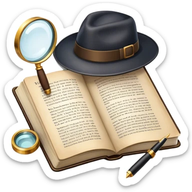 Icon for Detective Reading: an open book with text and one magnifying glass, a detective’s hat and a notebook with clues, surrounded by dark shadows and mysterious elements like footprints. Transparent background. sticker