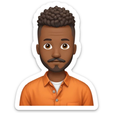 i need a black man with a mohawk in the center and a blad from sides and a beard and a moustache be should be wearing an orange button up shirt with no collar and a round neck and he should be balck and the hairs should be curly sticker