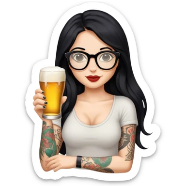 A beautiful woman with long black hair, wearing slippers and glasses, with tattoos on her arm, holding a beer in one hand. sticker
