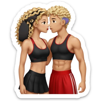 athletic man, high top fade, blonde curly hair only top only, no shirt and Athletic girl with long light red wavy long hair and black sports, Put them together kissing, or holding hands give the girl red hair and a long skirt sticker