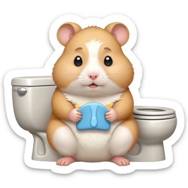 Cute chubby cartoon-style hamster sitting on toilet pooping looking as if he had an accident sticker