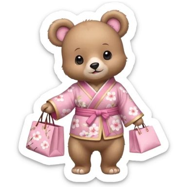 A cute baby bear character in pastel style, standing upright like a human. 
Light brown soft fur, large round ears, rounded paws and feet. 
Wearing a pink kimono with soft cherry blossom patterns on the sleeves and bottom, Holding a cute pastel shopping bag with one paw, walking pose. sticker