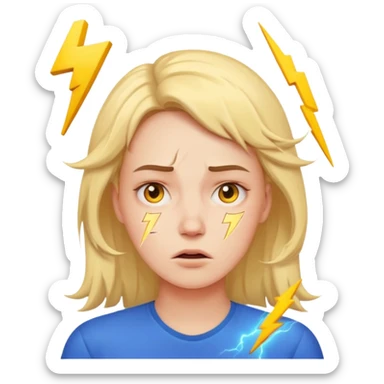 stressed woman with lightning symbol near head, tired face, calm emoji colors, shows stress and cortisol effect on skin sticker