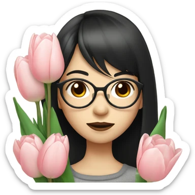 asian pale skin girl with long black hair and bangs and glasses holding tulips sticker