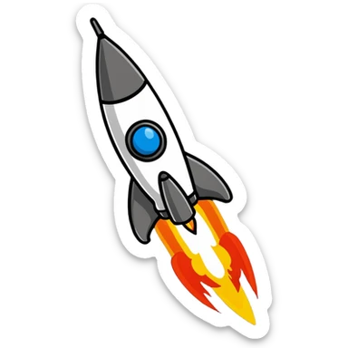 A colorful rocket blasting off with flames and clouds of smoke sticker