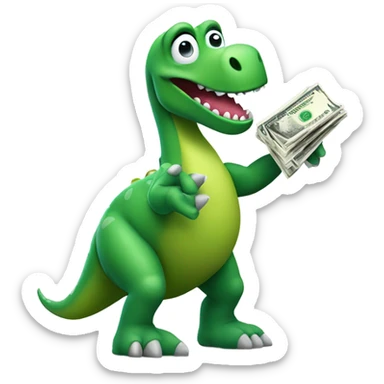 Green dinosaur holding money ￼ sticker