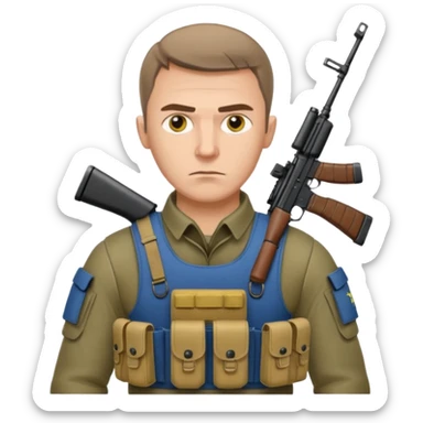 Ukrainian intelligance agency warrior man in platecarrier with nato riffle and ukrainian gerb sticker