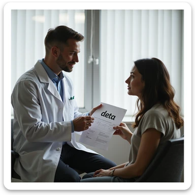 hyperrealistic 4K scene of a male nutritionist in a white coat giving a sheet with the word 'dieta' to a seated female patient in his office, variation 7 sticker