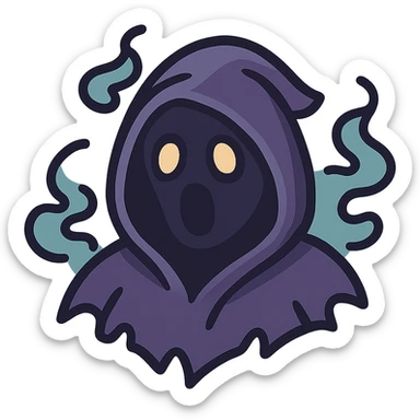 vector emoji of a shadowy, faceless reaper head, tattered and ruffled hood, flat colors, smoke and shadow effects, surprised expression created by light and shadow passing through the hood, ethereal and dark sticker