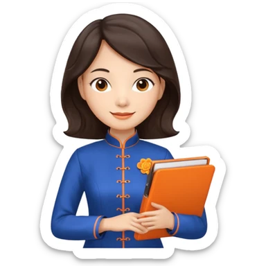 Teacher emoji but : wavy dark brown hair, light skin, no glasses, dark eyes, with a computer folder in the hand (color is orange), being a teacher, wearing a chinese qipao ( dark blue)


 sticker