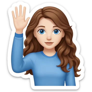 White girl with brown long wavy hair, blue eyes. the memoj has to wave with the han sticker