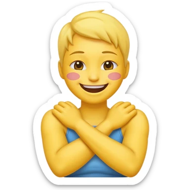 emoji-style face with arms crossed, holding neck, laughing sticker