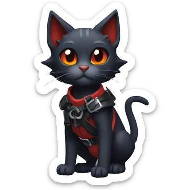 Cool Edgy Ethereal Litten-Nargacuga-Cat with black bat-wing-ears with a red harness full body sticker