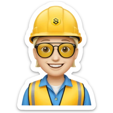 emoji d'un bonhomme, casque de chantier avec logo SRE, lunettes swag, sourire large, style emoji Apple sticker