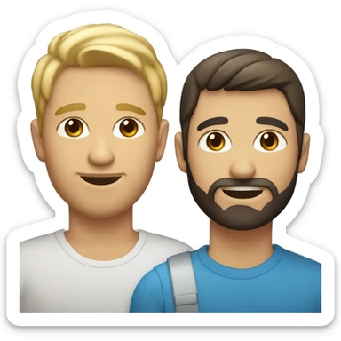 Gay male couple. One has blond hair and blue eyes and no facial hair. The other guy has dark hair and brown eyes and a beard sticker