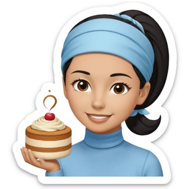  tan skin woman with long face, and short black hair slicked back ponytail with forehead showing, wearing a light blue headband and wearing pale blue turtleneck shirt, eating tiramisu smiling with hair pulled back sticker