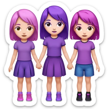 3 girls holding hand middle girl got purple hair left girl got pink hair right girl got black hair sticker