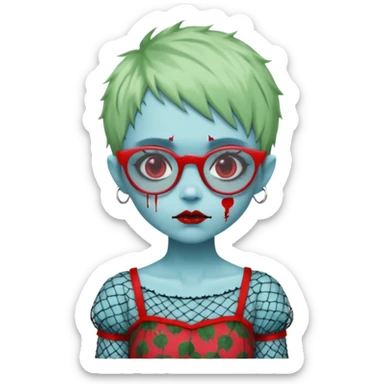 Ghoulia yelps monster high doll in scene/emo style cherry print dress with fishnet sleeves, clothes, thin, small, red, rectangle glasses, pale white-blue skin, pale-green shaggy pixie-cut , zombie scars , boy sticker