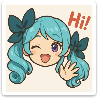 Make sure Gwen from League of Legends has both hair bows visible, keep the hi expression, only head and hand visible, right eye is purple, in chibi emote style, cute and expressive. sticker