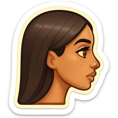 Create a side view (profile) of this woman's head, matching the same cartoon emoji style, with long dark hair and similar facial features. Variant 1. sticker