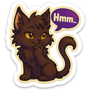 a dark-brown fluffy cute kawaii anthropomorphic furry anime cat-furry with tufted ears, golden eyes, and a long thin tufted tail, thinking, smirking thoughtfully, saying “Hmm..” with a purple speech bubble, (cartoon style) (cute anime style) (furry style) (deviantArt style) (artist style: Kamirah) sticker