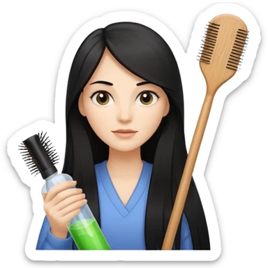 A white woman with long, straight black hair, holding a spray bottle in one hand and a wooden paddle hairbrush in the other. sticker