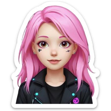 girl neon cyberpunk light pink happy long hair sticker