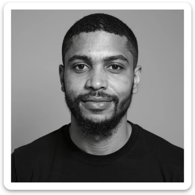 A professional portrait in monochrome. Plain black crew neck shirt. Tailored to LinkedIn. Tech boy vibe (programmer) sticker