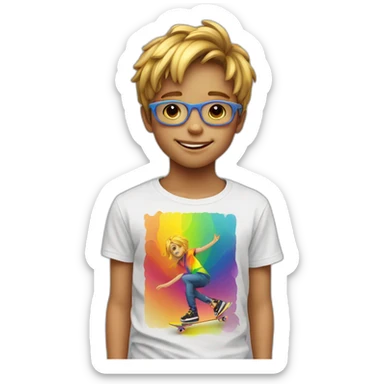 Skater Rainbow Shirt 7 years old boy Golden necklace sticker